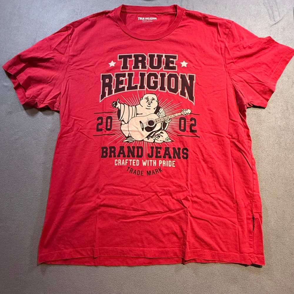 True Religion Mens Red Buddha Guitar Graphic T-Shirt 3XL Short Sleeve Tee